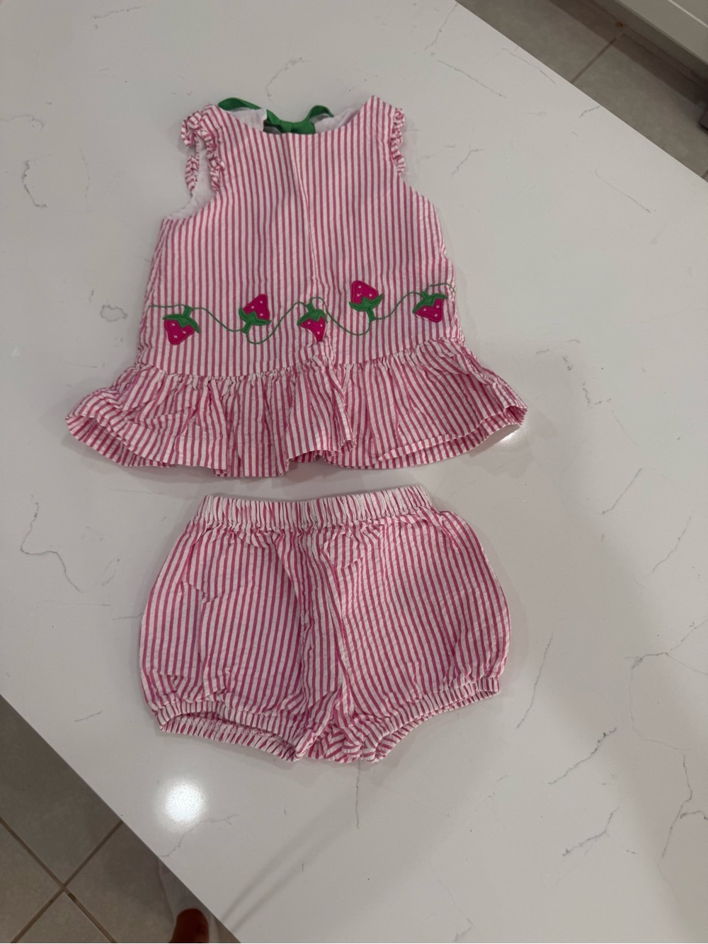 Florence Eiseman Girls’ Pink Stripe Top & Bloomers Set | Strawberry Embroidery